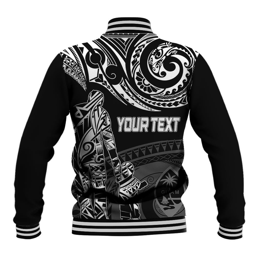 Black baseball jacket back with tribal pattern, striped ribbed collar, 'Your Text' print