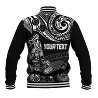 Black baseball jacket back with tribal pattern, striped ribbed collar, 'Your Text' print