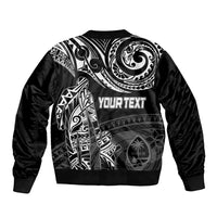 Black bomber jacket with Polynesian graphic and 'YOURTEXT' on back