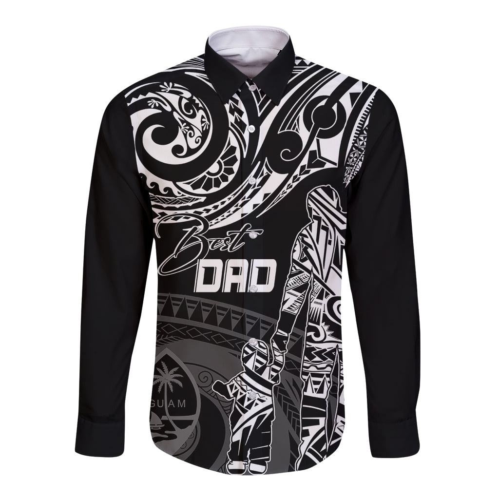 Black long-sleeve button shirt with white Polynesian print and 'Best Dad'