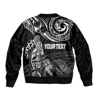 Black bomber jacket with white tribal print and 'YOUR TEXT' on back