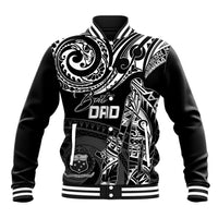Black baseball jacket with white Polynesian tribal print, ribbed varsity collar and cuffs
