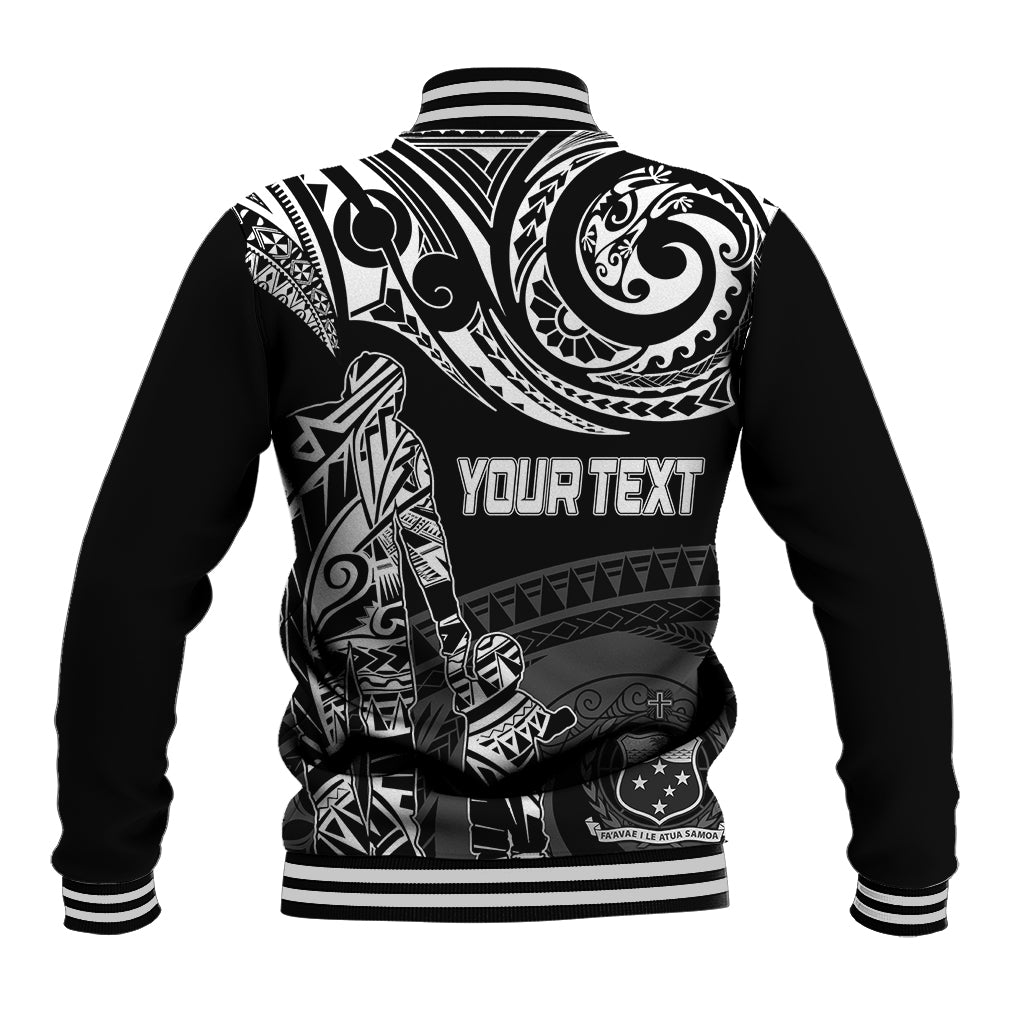 Black baseball jacket back with white tribal print and 'YOUR TEXT', ribbed cuffs and collar