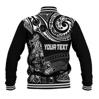 Black baseball jacket back with white tribal print and 'YOUR TEXT', ribbed cuffs and collar
