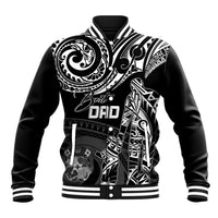 Black zip-up baseball jacket with white striped ribbed collar and “Best Dad” print