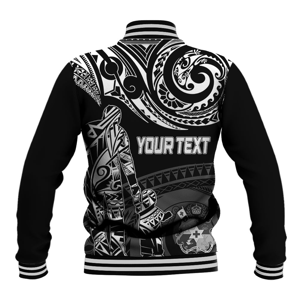 Black zip-up baseball jacket with striped ribbed collar and back print “YOUR TEXT”
