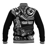 Black zip-up baseball jacket with striped ribbed collar and back print “YOUR TEXT”