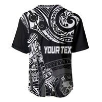 Black baseball jersey with bold white tribal print and “YOURTEX” logo text, V-neck.
