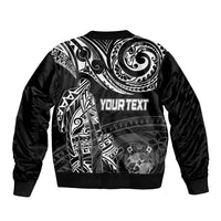 Black bomber jacket back with large white Polynesian design and 'YOURTEXT' across