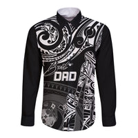 Black long sleeve button shirt with Polynesian tribal graphic and 'Best Dad' text