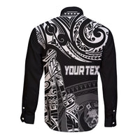 Black long sleeve button shirt with Polynesian tribal print and bold back text