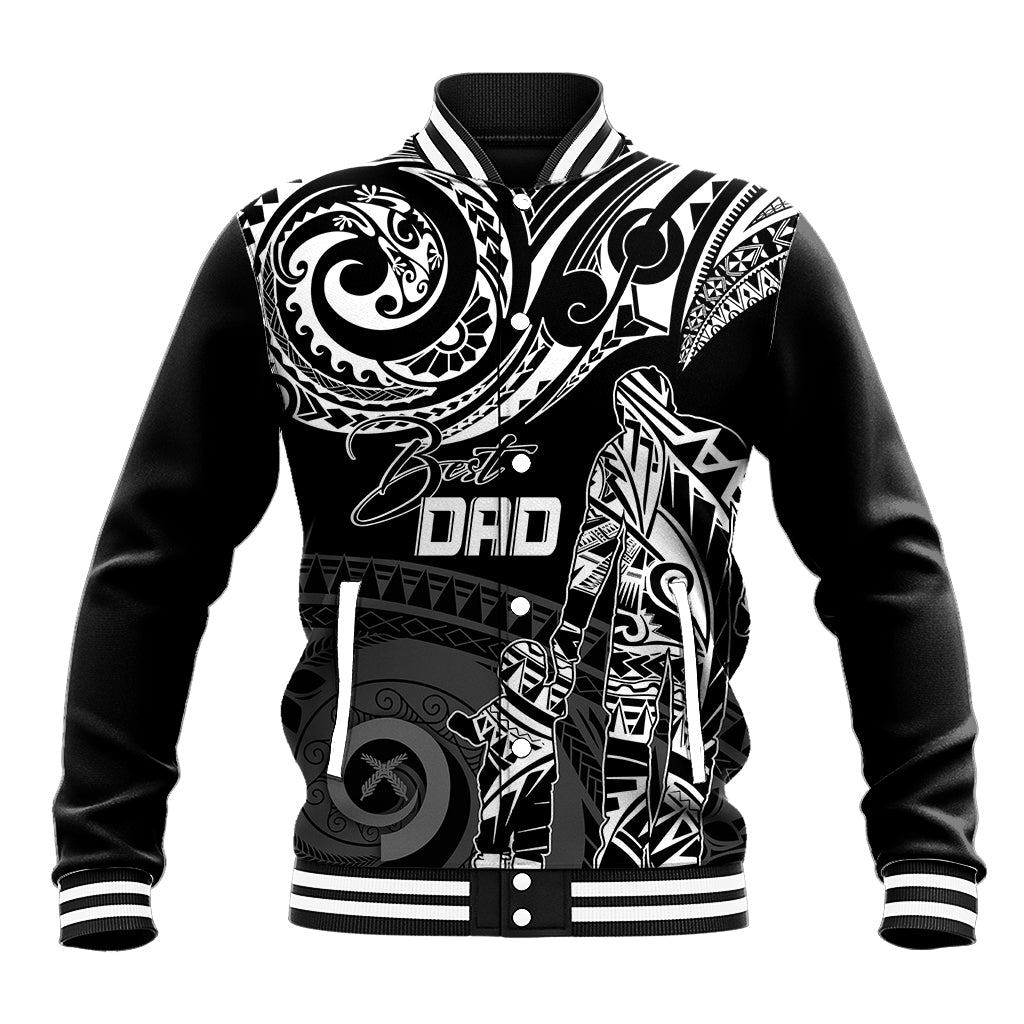 Black baseball jacket with white tribal print and Best DAD text, striped ribbed collar