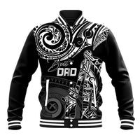 Black baseball jacket with white tribal print and Best DAD text, striped ribbed collar
