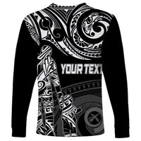 Black long-sleeve shirt with tribal Polynesian print and “YOUR TEXT” front design
