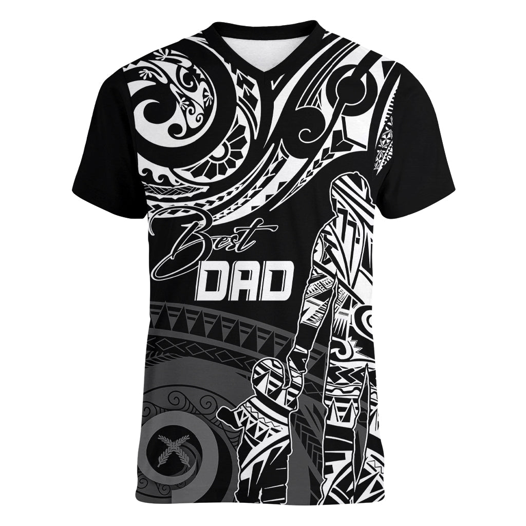 Personalised Father's Day Vanuatu Women V Neck T Shirt Polynesian Dad & Kid - Wonder Print Shop