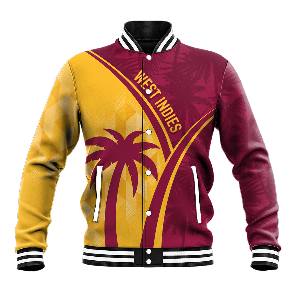 Maroon and yellow tropical varsity baseball jacket with snap-button front, striped cuffs