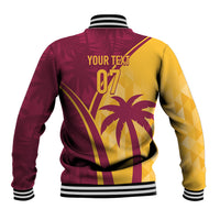 Maroon and yellow tropical baseball varsity jacket with striped ribbed collar and cuffs