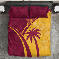 Maroon and yellow tropical bedding set with palm design and matching pillowcases