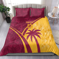 Maroon and yellow tropical duvet set with palm graphic and two pillowcases