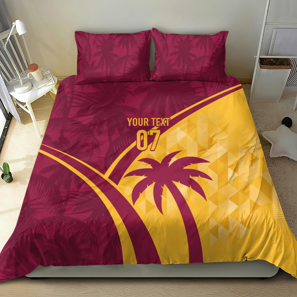 Maroon and yellow tropical duvet set with palm graphic and two pillows