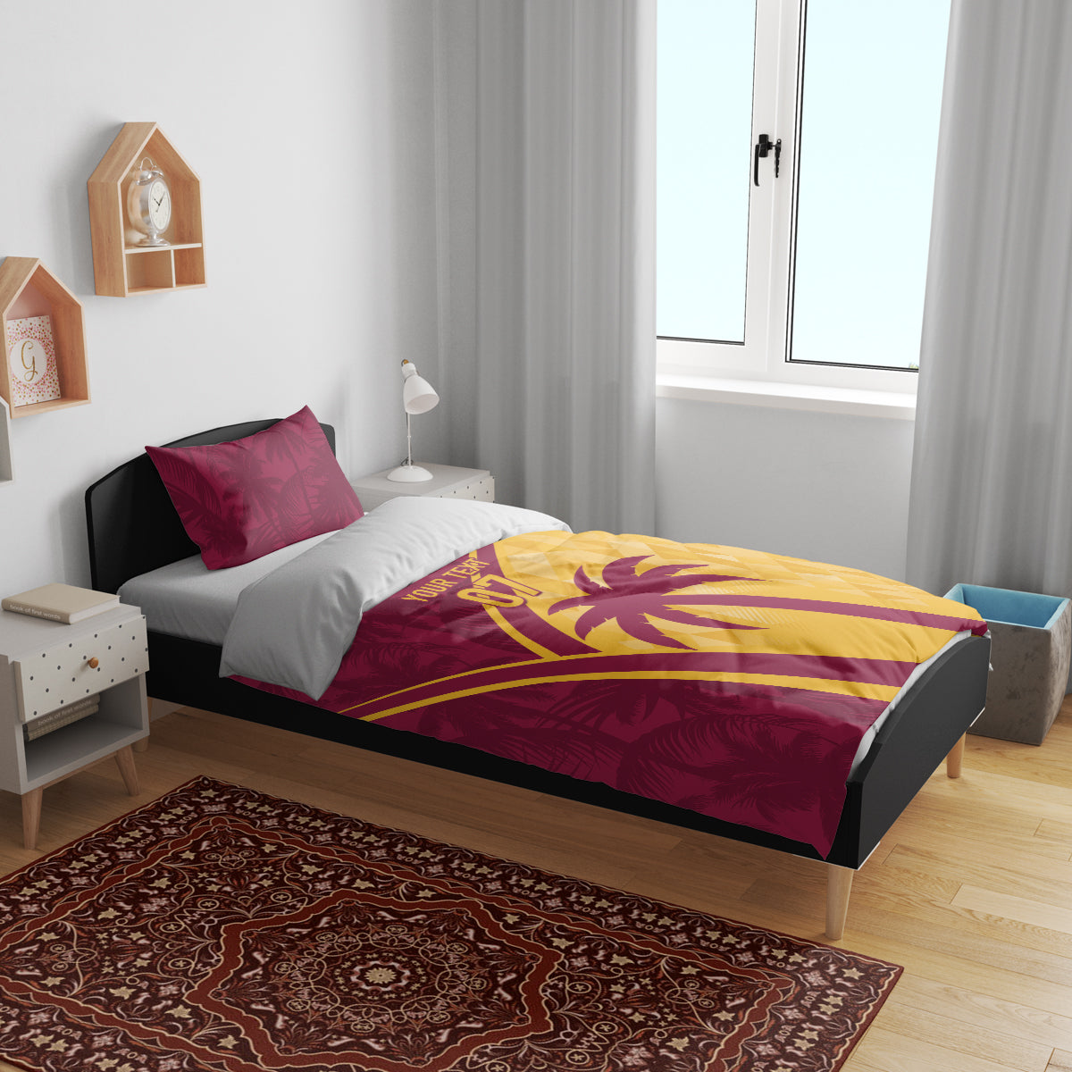 Maroon and yellow tropical duvet set with palm graphic and a single bed pillow