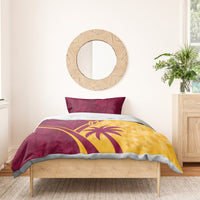 Maroon and yellow tropical bedding set with palm graphic, duvet and one pillow