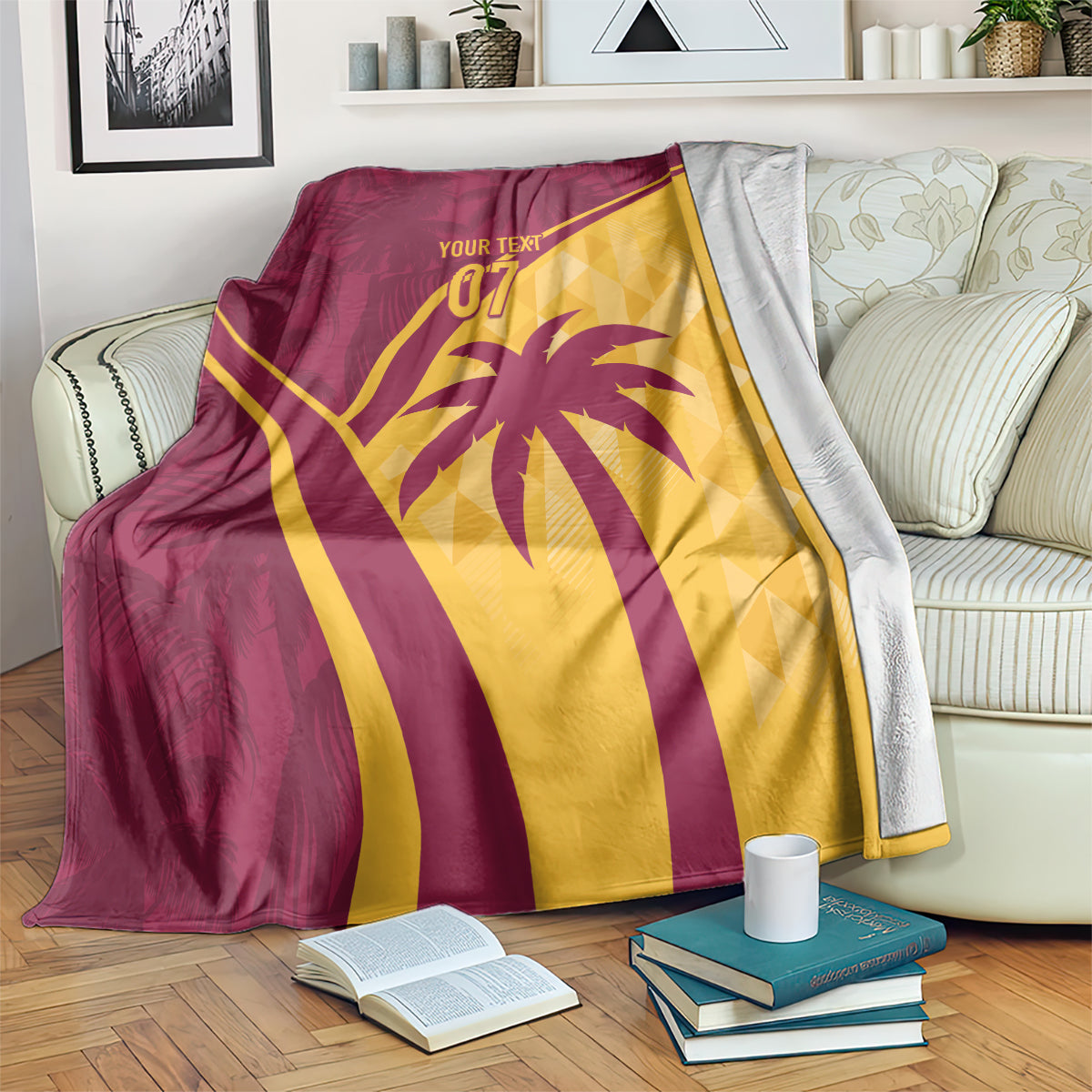 Maroon and yellow tropical cricket blanket with palm tree design and “07” label