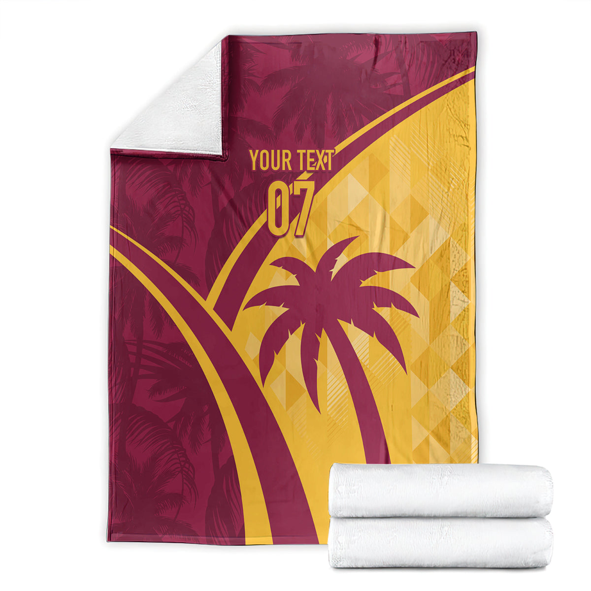 Maroon and yellow tropical cricket blanket with palm tree and “07” graphic