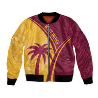 Maroon and yellow tropical bomber jacket with palm graphic, front zipper, and black ribbed trim