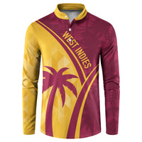 Maroon and yellow button-front sweatshirt with West Indies logo and palm tree motif