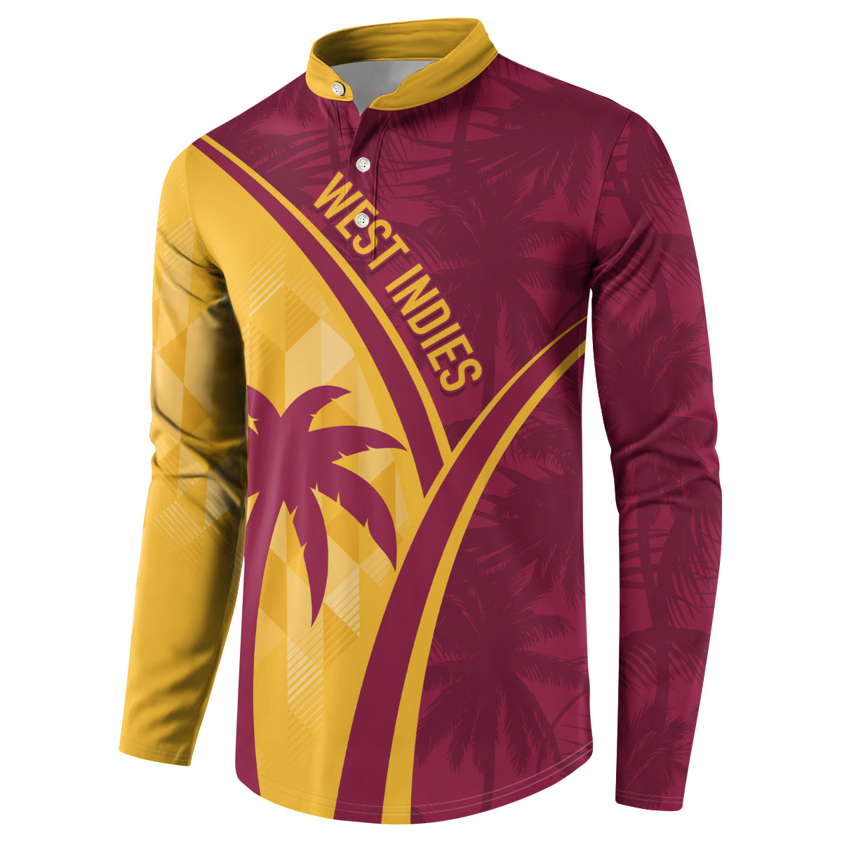 Maroon and yellow button-front sweatshirt with West Indies logo and tropical print