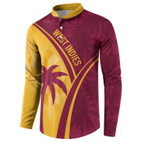 Maroon and yellow button-front sweatshirt with West Indies logo and tropical print