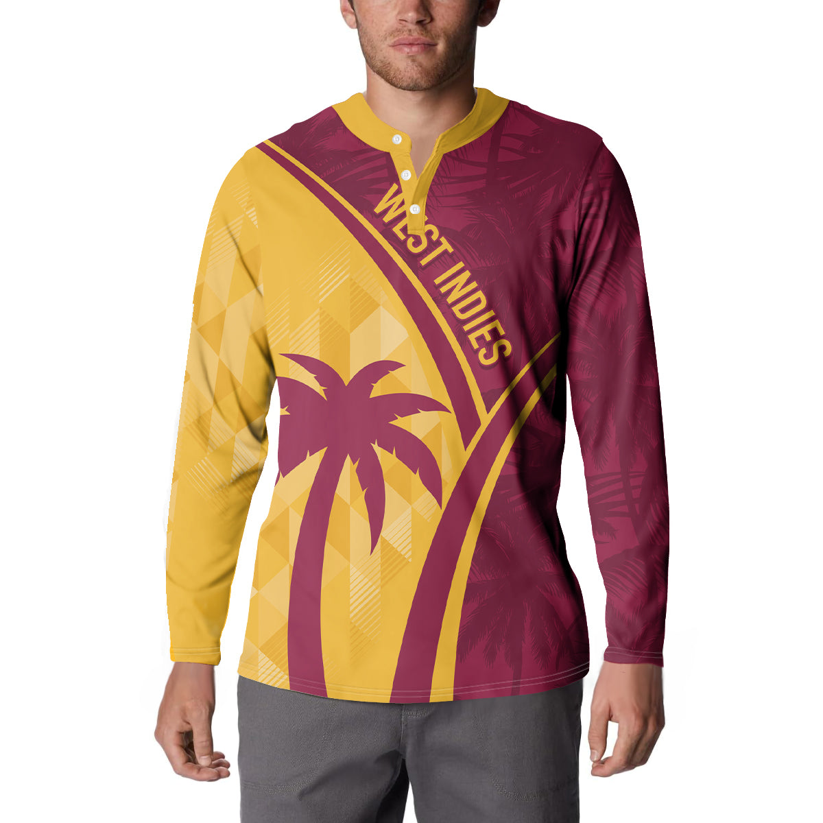 Maroon and yellow button-front sweatshirt with tropical stripe panel and West Indies text