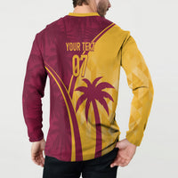 Maroon and yellow button-front sweatshirt, back shows 'YOUR TEXT' 07 and palm tree graphic