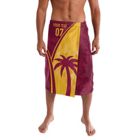 Maroon tropical print elastic-waist shorts, yellow stripe with palm graphics and “07”