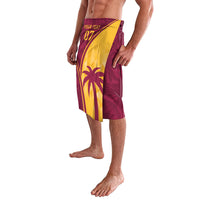 Maroon tropical print elastic-waist shorts, side view with yellow palm stripe
