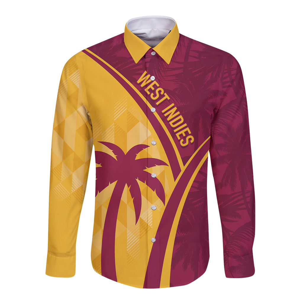Maroon and gold long-sleeve button shirt with WEST INDIES print and palm pattern