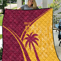 Maroon and yellow quilt close-up with diamond quilting, cricket emblem and custom text