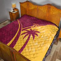 Maroon and yellow quilt with diamond quilting, cricket emblem and custom text on bed