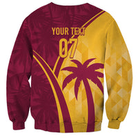 Unisex tropical sweatshirt, maroon and yellow, back print with 07 and palm tree