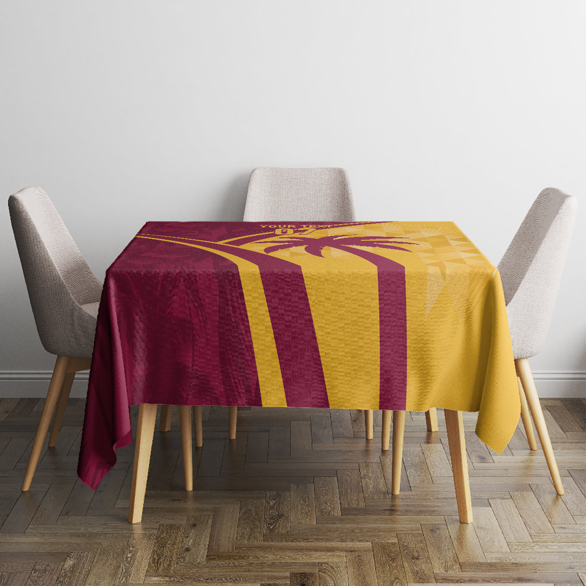 Maroon and yellow tropical tablecloth with bold vertical stripes and geometric accents.
