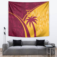 Maroon and yellow tropical cricket tapestry with palm trees and curved stripe design
