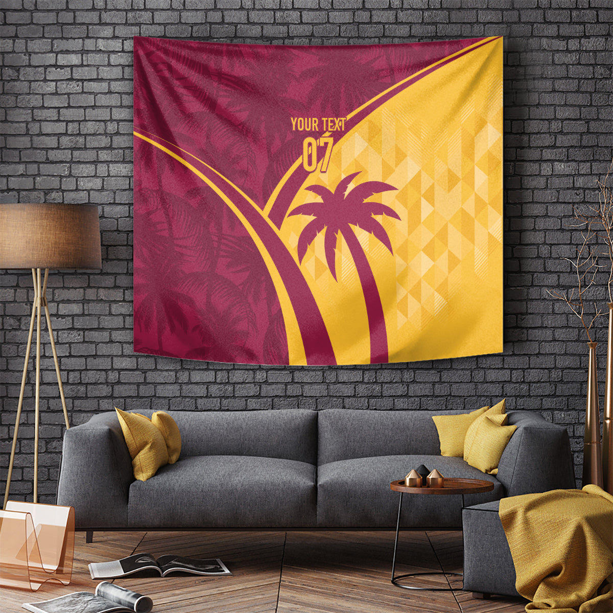 Maroon and yellow tropical cricket tapestry with palm tree graphic and diagonal stripe