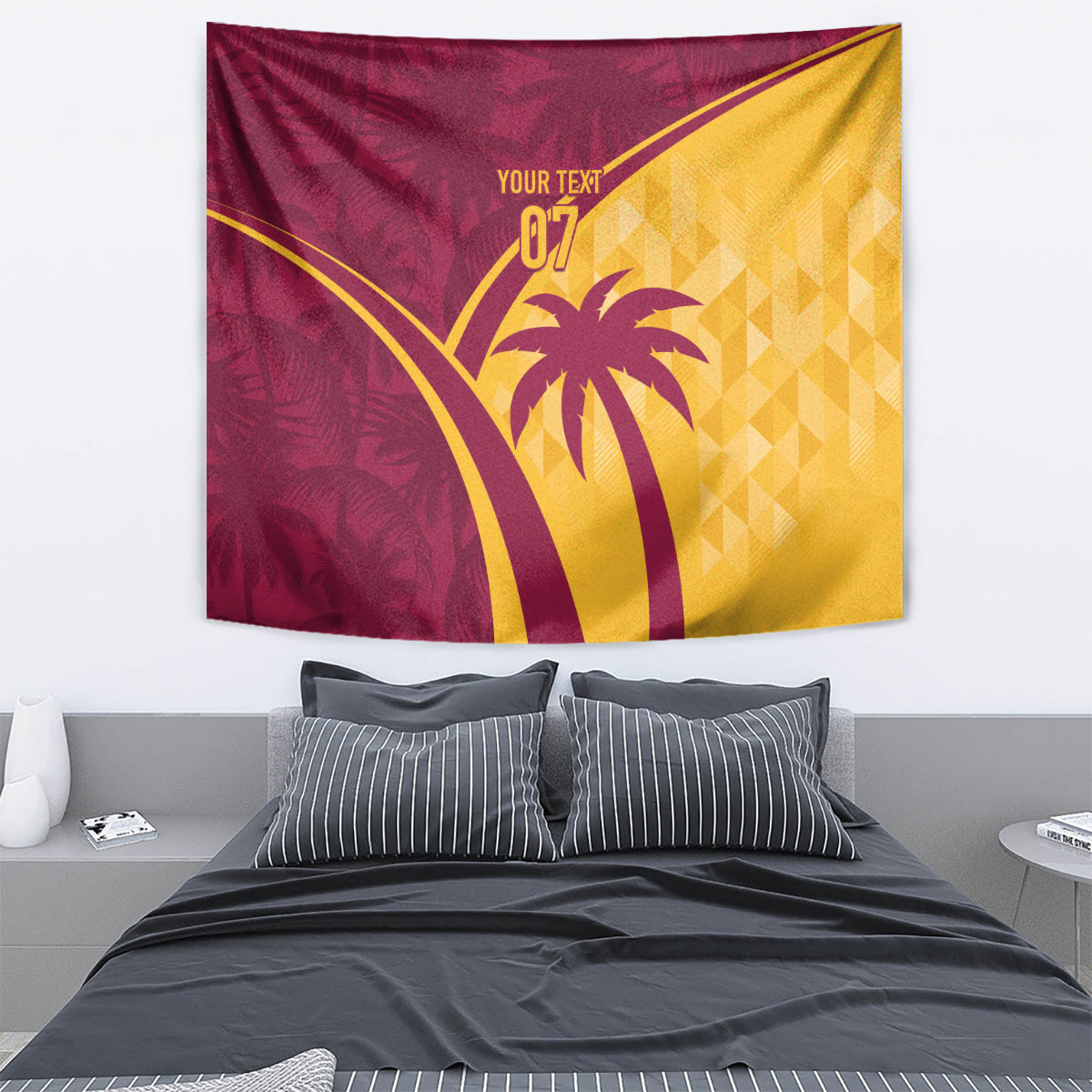 Maroon and yellow tropical cricket tapestry with palm trees, "YOUR TEXT" and "07"