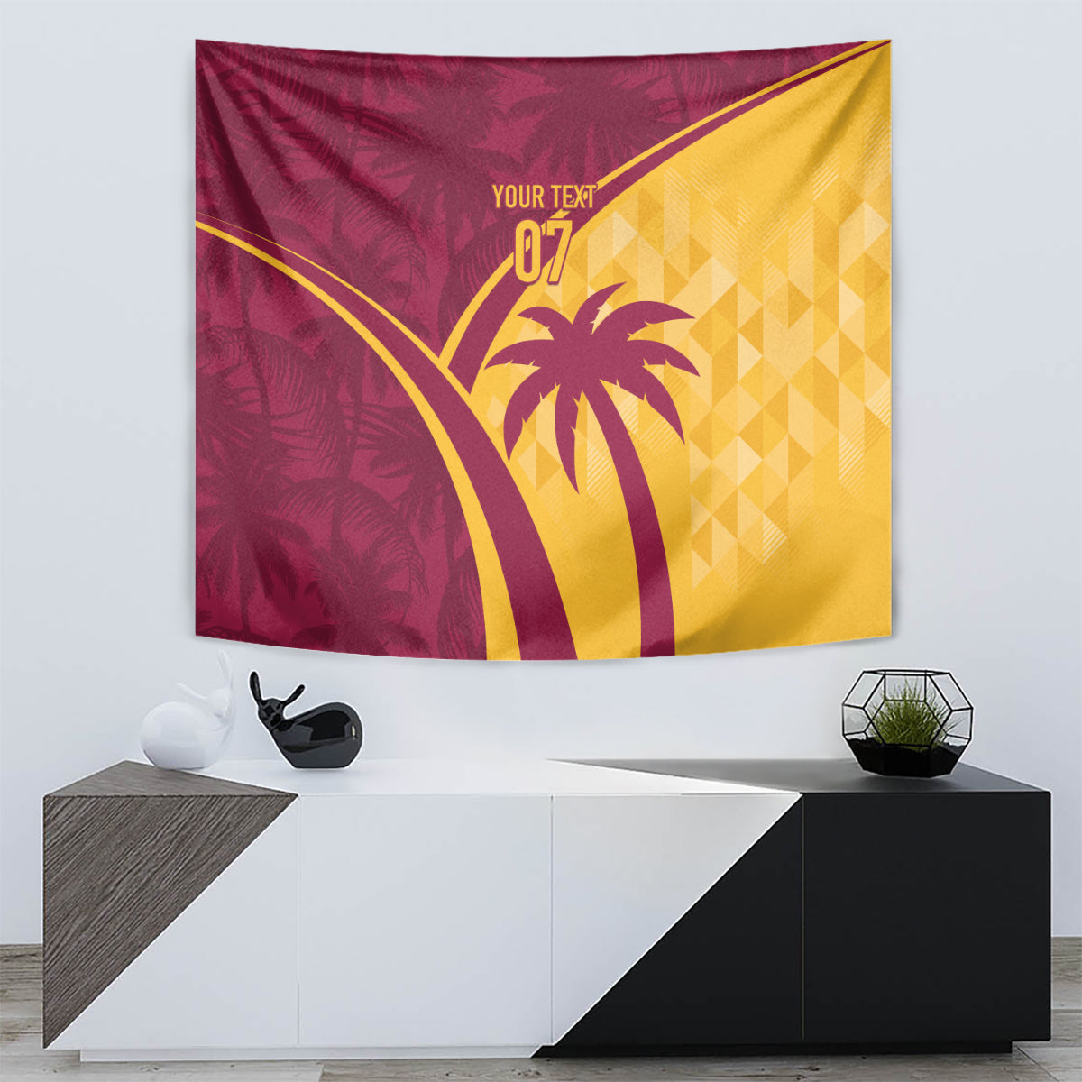 Maroon and yellow tropical cricket tapestry featuring palm trees and a large curved arch