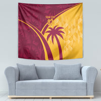 Maroon and yellow tropical cricket tapestry with palm trees, "YOUR TEXT" and "07"