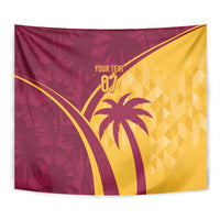 Maroon and yellow tropical cricket tapestry close-up with "YOUR TEXT", "07", and palm trees