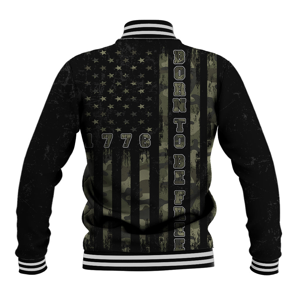Black baseball jacket with varsity collar, stars and camouflage stripe back graphic