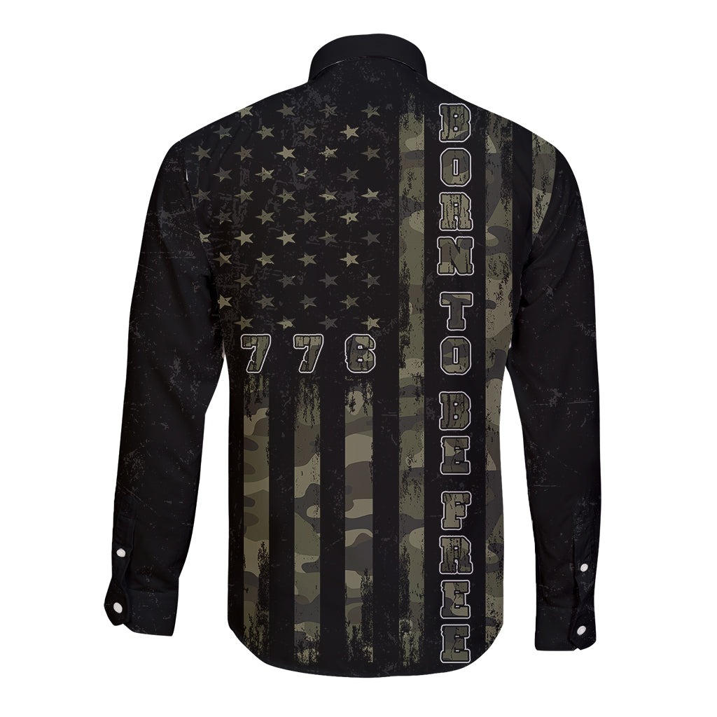 Black long-sleeve button shirt with American stars stripe and 'BORN TO BE FREE' text