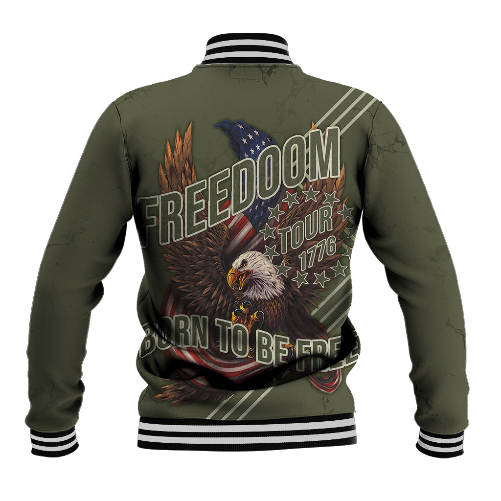 Olive baseball jacket with ribbed collar and striped cuffs; eagle and Freedom Tour graphic on back
